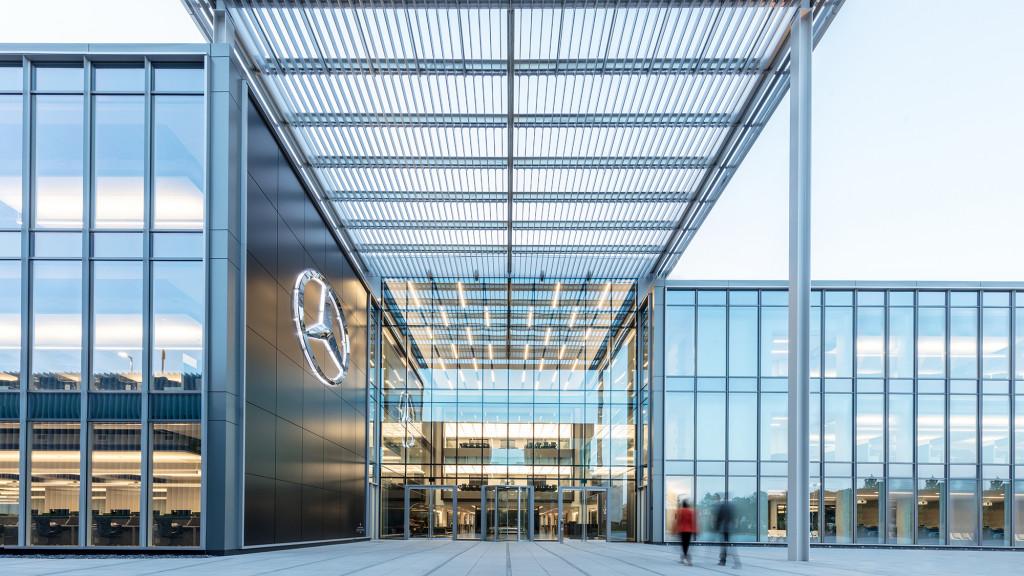 A building with glass windows.